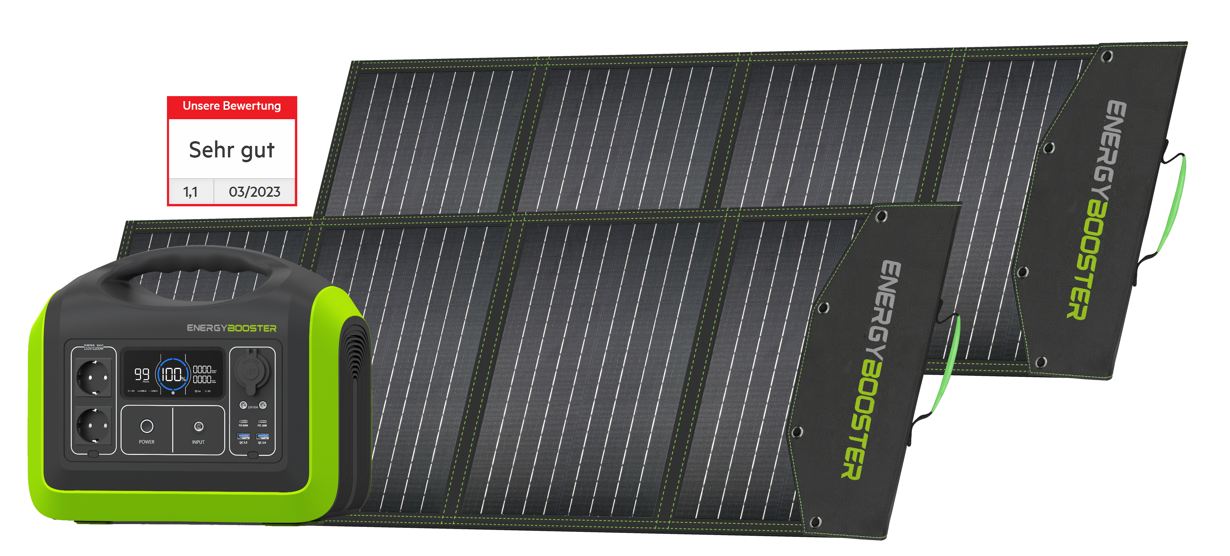 ENERGYBOOSTER Power Station M inkl. 2 x 100 Watt Solarpanel und Tasche